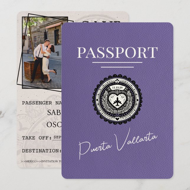 Lilac Purple Puerta Vallarta Passport Save The Date (Front/Back)