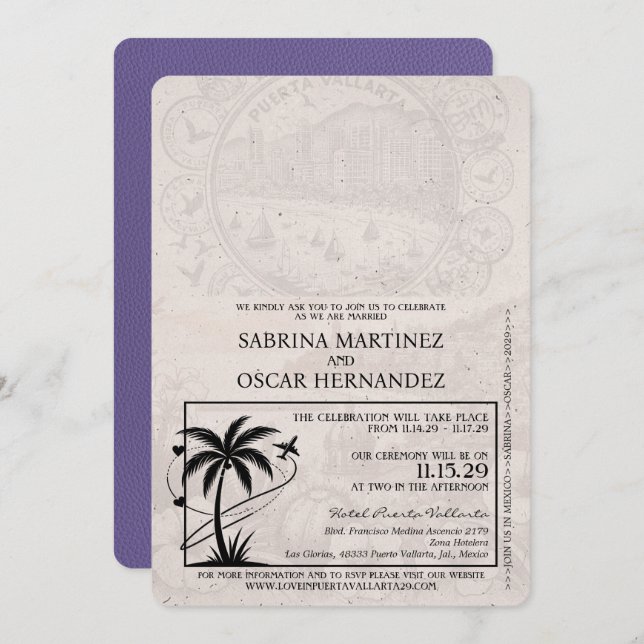 Lilac Purple Puerta Vallarta Passport Wedding Invitation (Front/Back)