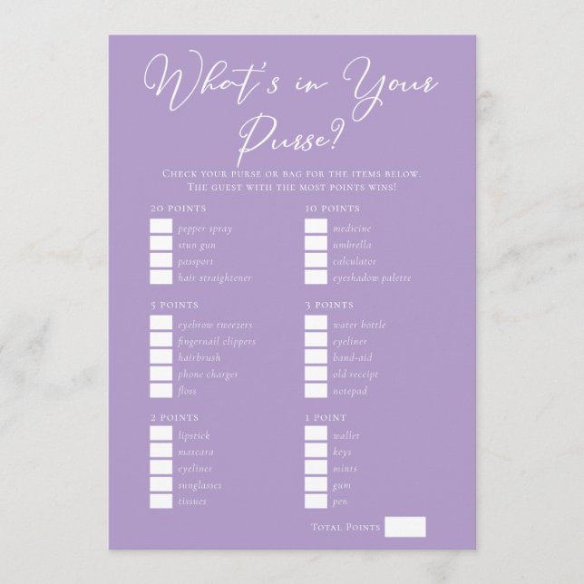 Lilac Purple Purse Items Bridal Shower Game Card (Front)