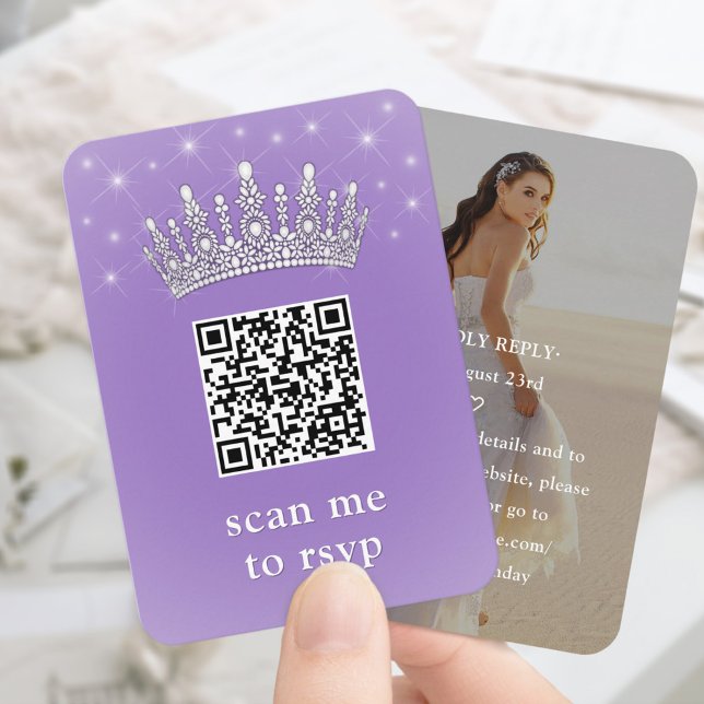 Lilac Purple QR RSVP Quinceañera Crown & Photo Enclosure Card (Creator Uploaded)
