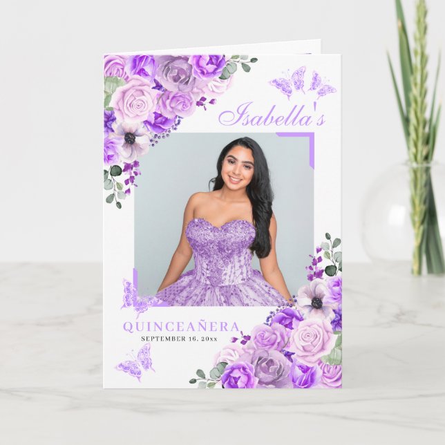 Lilac Purple Quinceanera Tiara Butterflies Programme (Front)