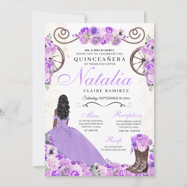 Lilac Purple Ranchero Princess Dress Quinceanera Invitation (Front)