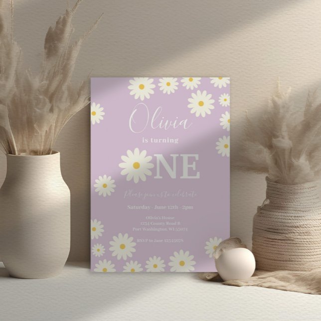  Lilac Purple Retro Daisy 1st Birthday Party  Invitation (Creator Uploaded)