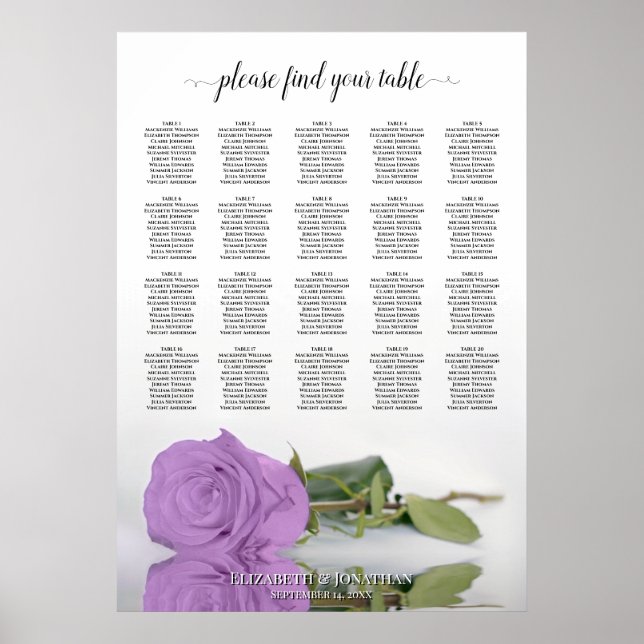 Lilac Purple Rose 20 Table Wedding Seating Chart (Front)