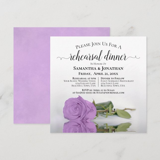 Lilac Purple Rose Chic Wedding Rehearsal & Dinner Invitation (Front/Back)