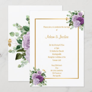 LILAC PURPLE ROSE EUCALYPTUS WHITE WEDDING INVITATION