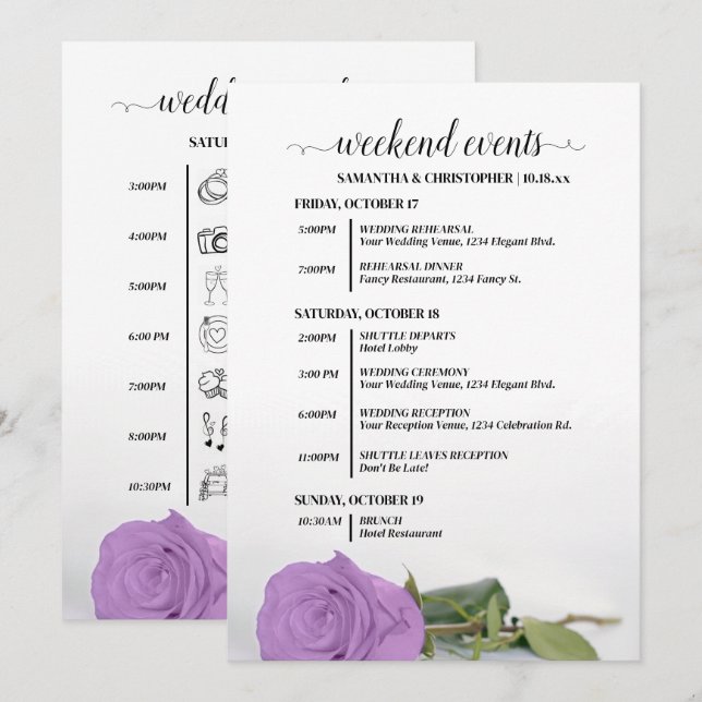 Lilac Purple Rose Fancy Wedding Events & Timeline Programme (Front/Back)