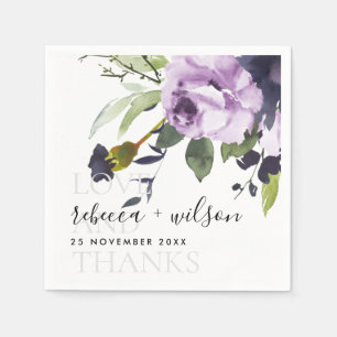 LILAC PURPLE ROSE FLORAL LOVE AND THANKS WEDDING NAPKIN