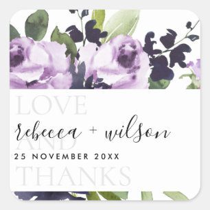 LILAC PURPLE ROSE FLORAL LOVE AND THANKS WEDDING SQUARE STICKER
