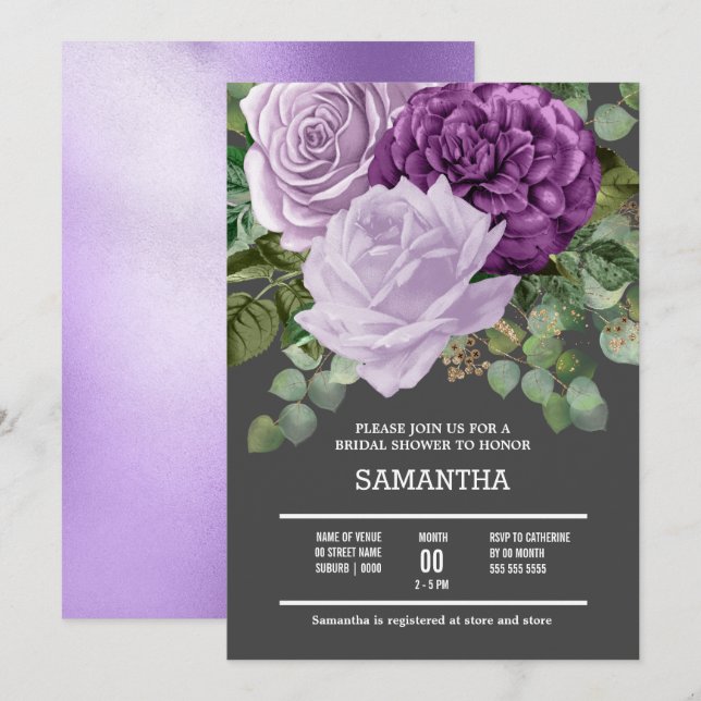 Lilac purple rose flower shimmer chic floral bloom invitation (Front/Back)