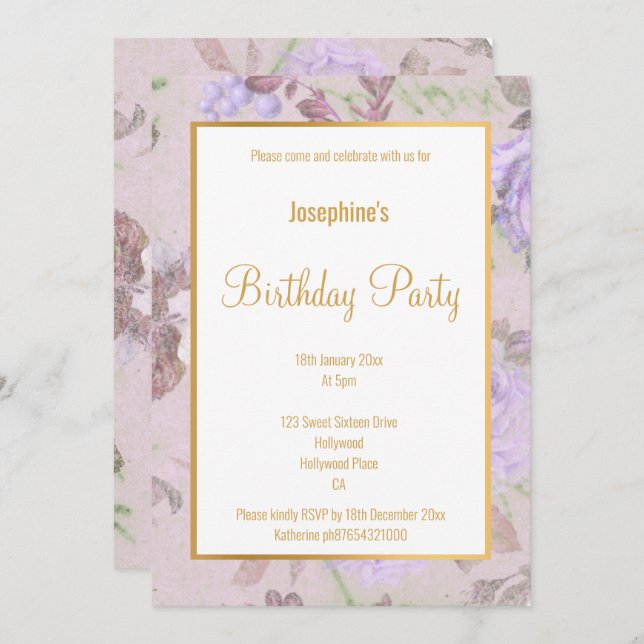 LILAC PURPLE  ROSE GOLD WHITE CUSTOM BIRTHDAY INVITATION (Front/Back)