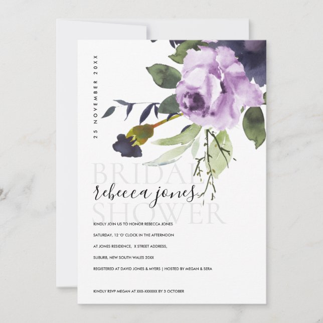 LILAC PURPLE ROSE PEONY FLORAL BUNCH BRIDAL SHOWER ANNOUNCEMENT (Front)