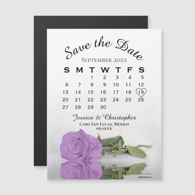 Lilac Purple Rose Save the Date Calendar Magnet (Front/Back)