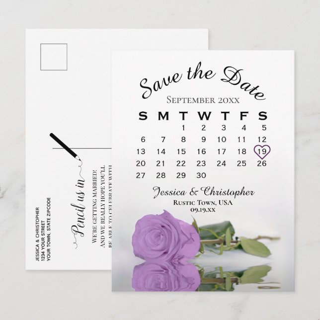 Lilac Purple Rose Wedding Calendar Save the Date Announcement Postcard (Front/Back)