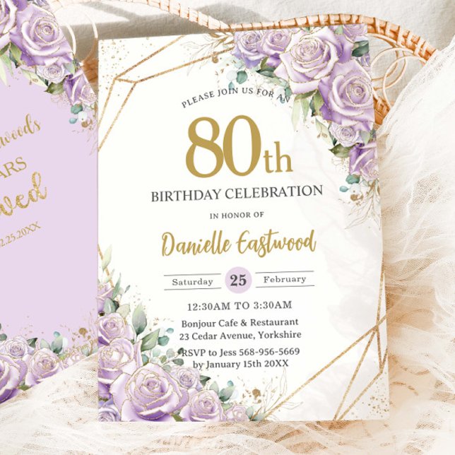 Lilac Purple Roses Floral 80th Birthday Any Age Invitation (elegant-purple-lilac-lavender-roses-floral-flowers-50th-60th-70th-80th-90th-birthday-party-invite)