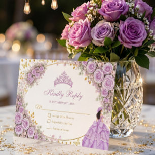 Lilac Purple Roses Golden Butterfly Quinceañera RSVP Card