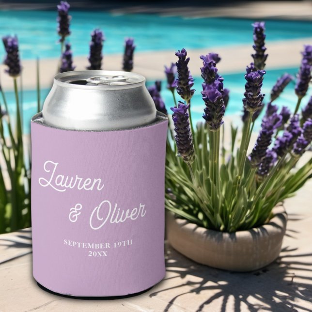 Lilac Purple Script Minimalist Wedding Can Cooler (Creator Uploaded)