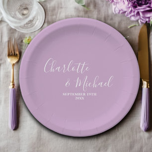 Lilac Purple Script Minimalist Wedding Paper Plate