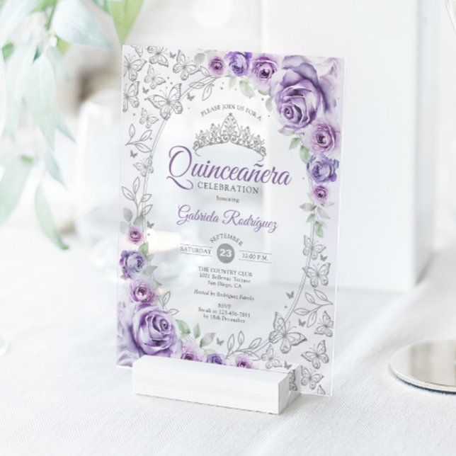 Lilac Purple Silver Floral Quinceanera Acrylic Invitations (Creator Uploaded)