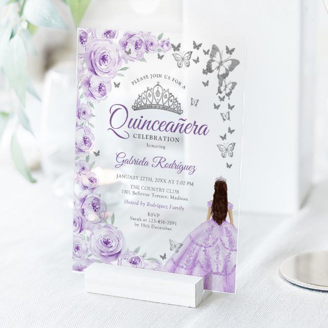 Lilac Purple Silver Floral Quinceanera Acrylic Invitations (Creator Uploaded)