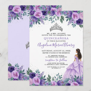 Lilac Purple Silver Floral Quinceanera Invitation
