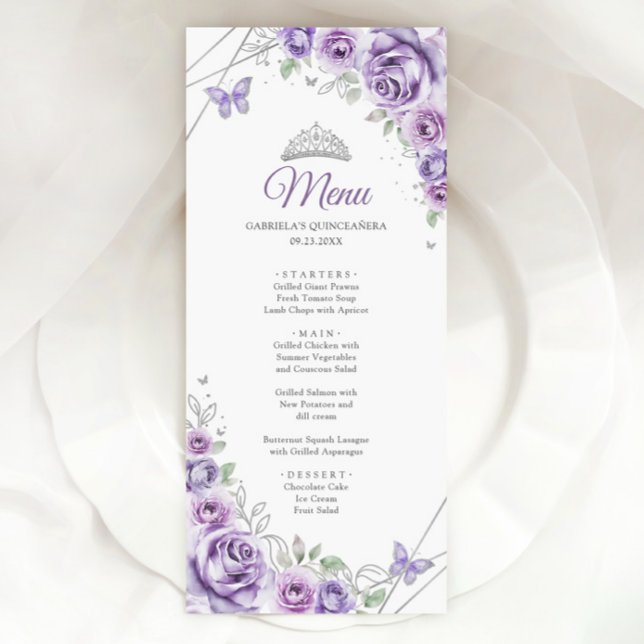 Lilac Purple Silver Floral Quinceanera Menu (Creator Uploaded)