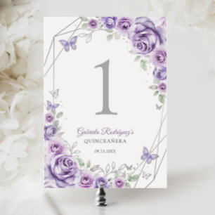 Lilac Purple Silver Floral Quinceanera Table Number