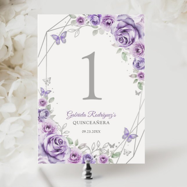 Lilac Purple Silver Floral Quinceanera Table Number (Creator Uploaded)