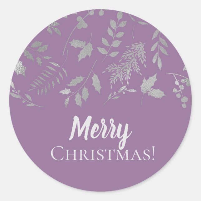 Lilac Purple Silver Leaves Botanical Holiday Party Classic Round Sticker (Front)
