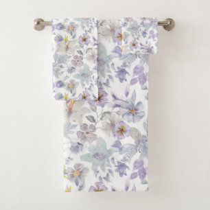Lilac Purple Soft Green Floral Iris Flowers  Bath Towel Set
