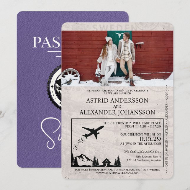 Lilac Purple Sweden Passport Wedding Invitation (Front/Back)