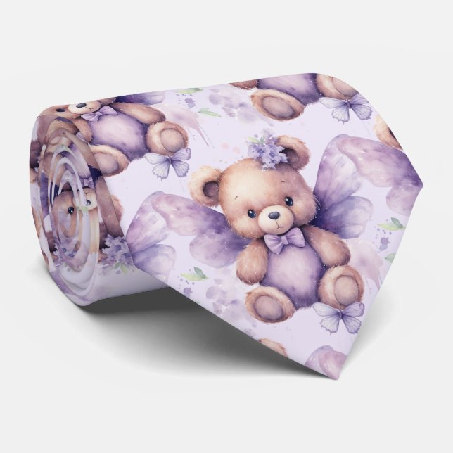 Lilac Purple Teddy Bear Neck Tie (Rolled)