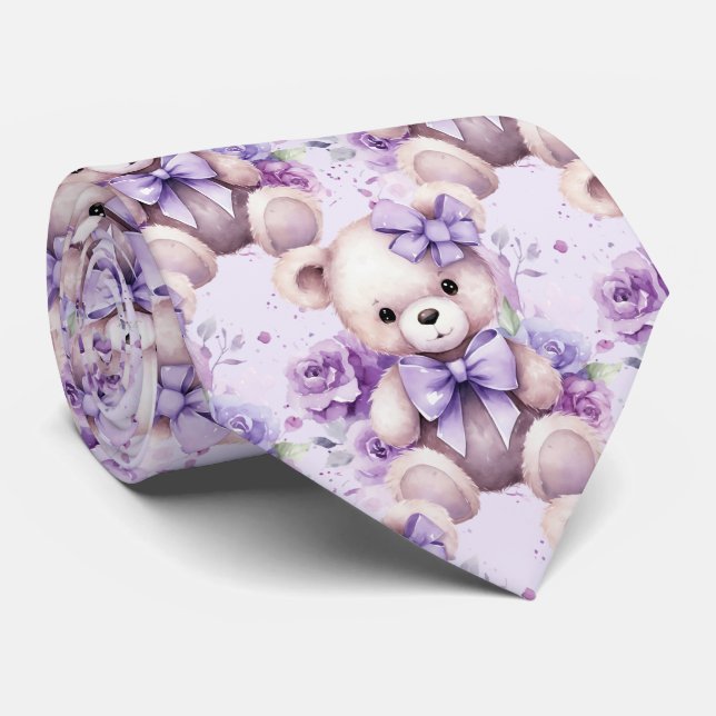 Lilac Purple Teddy Bear Neck Tie (Rolled)