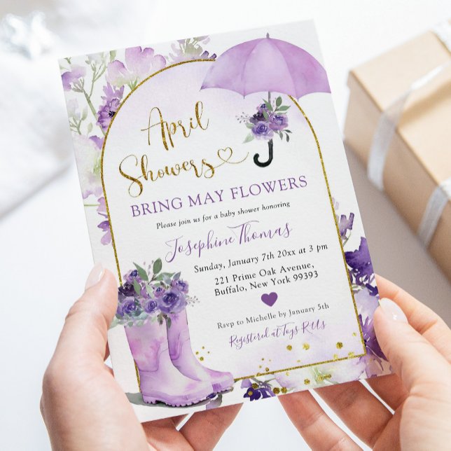 Lilac Purple Umbrella April Showers Baby Shower Invitation (Creator Uploaded)