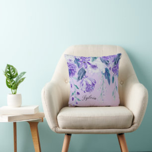 Lilac Purple Violet Flowers on Turquoise Foliage Cushion