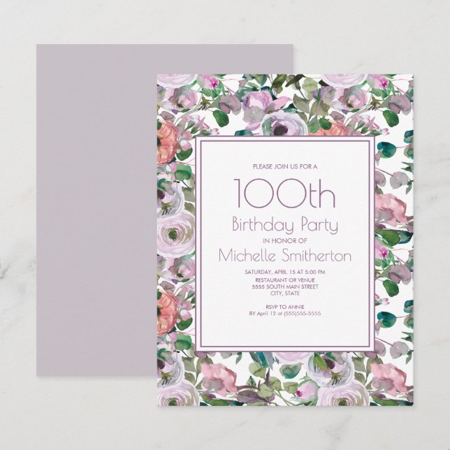 Lilac Purple Watercolor Floral 100th Birthday Invitation (Front/Back)