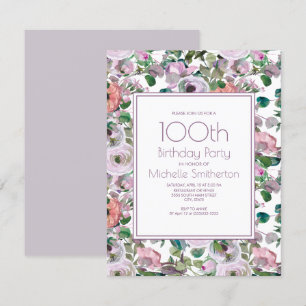 Lilac Purple Watercolor Floral 100th Birthday Invitation