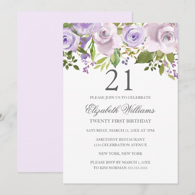 Lilac Purple Watercolor Floral 21st Birthday Invitation (Front/Back)