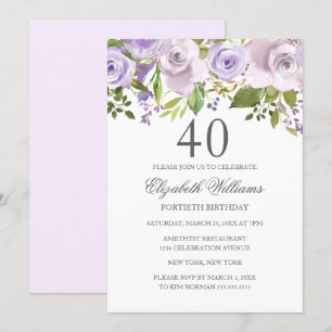 Lilac Purple Watercolor Floral 40th Birthday Invitation