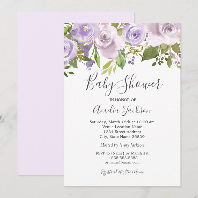 Lilac Purple Watercolor Floral Baby Shower Invitation (Front/Back)