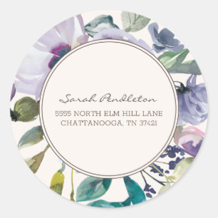 Lilac Purple Watercolor Floral Boho Address Classic Round Sticker