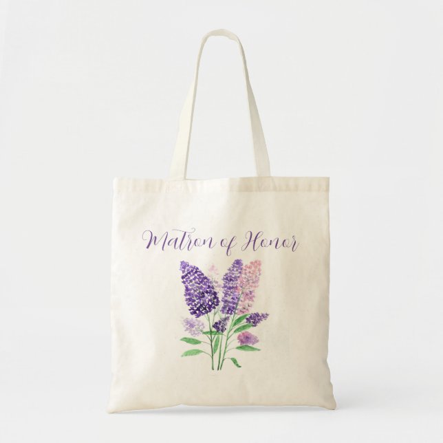 Lilac purple Watercolor Floral Bridesmaid Wedding Tote Bag (Front)