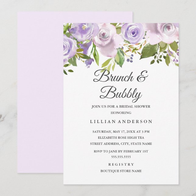 Lilac Purple Watercolor Floral Brunch And Bubbly Invitation (Front/Back)