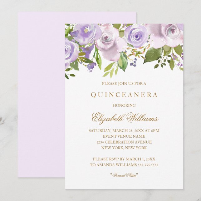 Lilac Purple Watercolor Floral Quinceanera Invite (Front/Back)