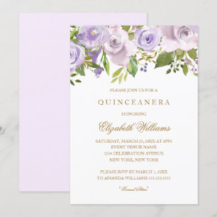 Lilac Purple Watercolor Floral Quinceanera Invite