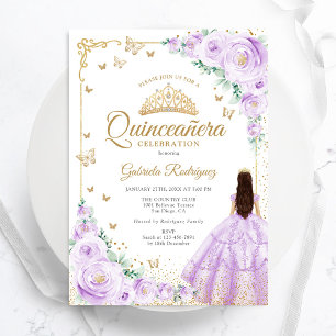 Lilac Purple Watercolor Roses Gold Quinceanera Invitation