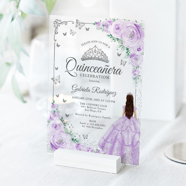 Lilac Purple Watercolor Roses Silver Quinceanera Acrylic Invitations (Creator Uploaded)
