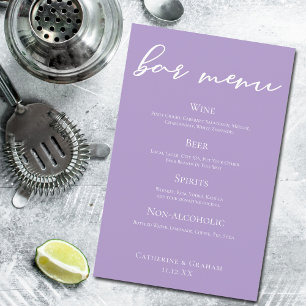 Lilac Purple Wedding Bar Menu w/ White Typography