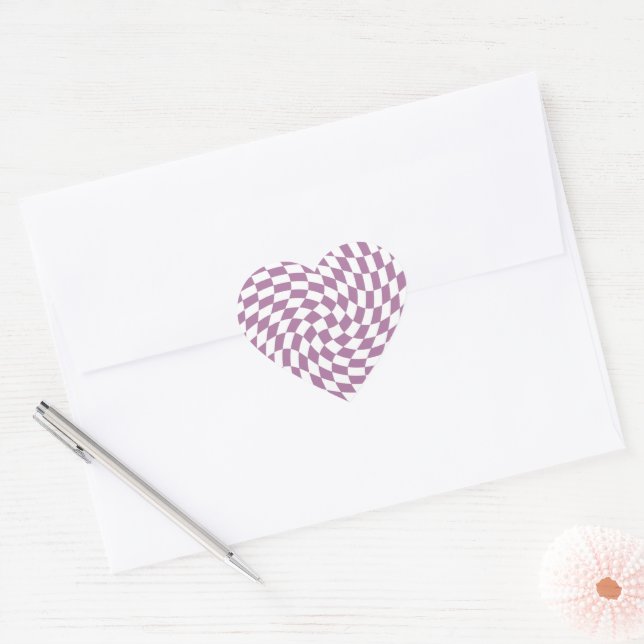 Lilac Purple Wedding Collection Check Chequered    Heart Sticker (Envelope)