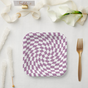 Lilac Purple Wedding Collection Check Chequered  Paper Plate